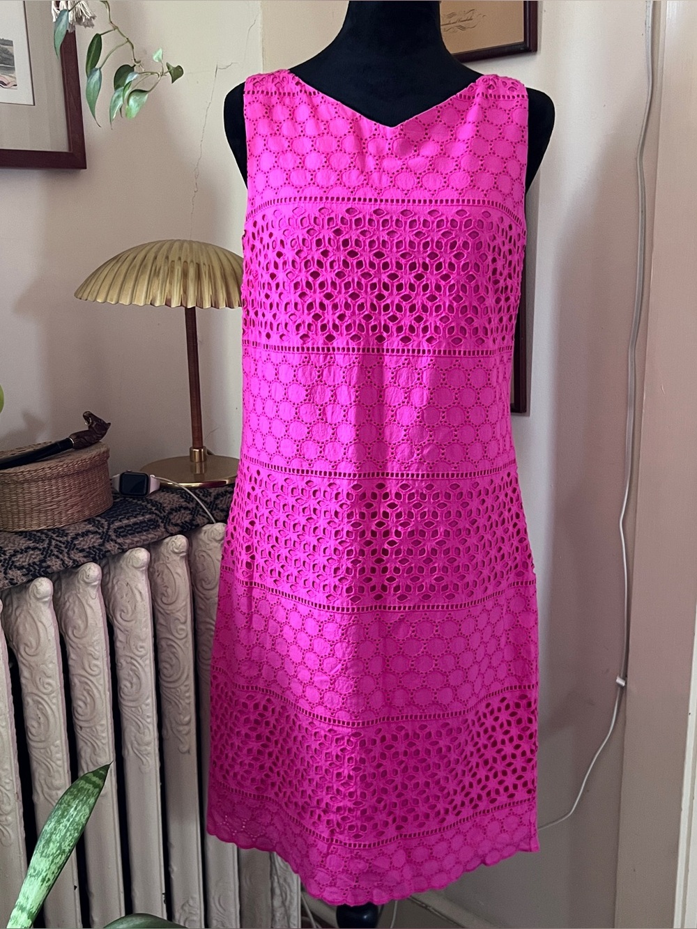 Lands End Hot Pink Eyelet Sleeveless Dress 100% Cotton Size 6